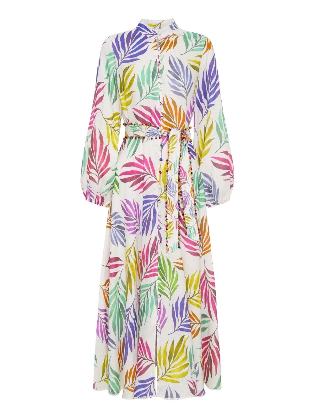 White Linen Maxi Dress with Multicolor Leaf Print AU10 US6